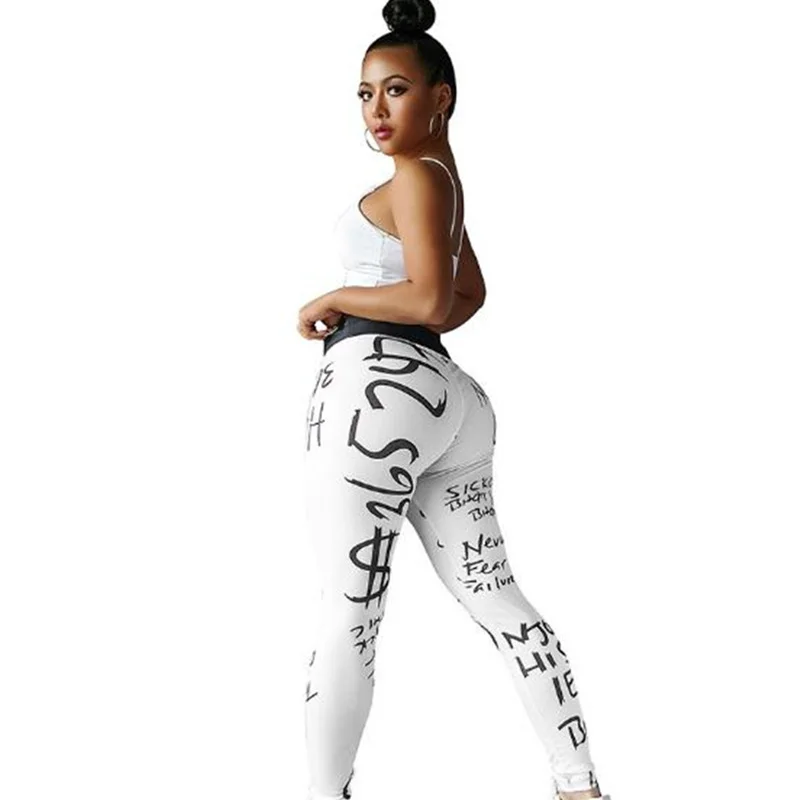 

Fashion Print Letter Leggings Women Slim Fitness Elastic High Waist Leggings for Sport Running Europe Size moda mujer 2018