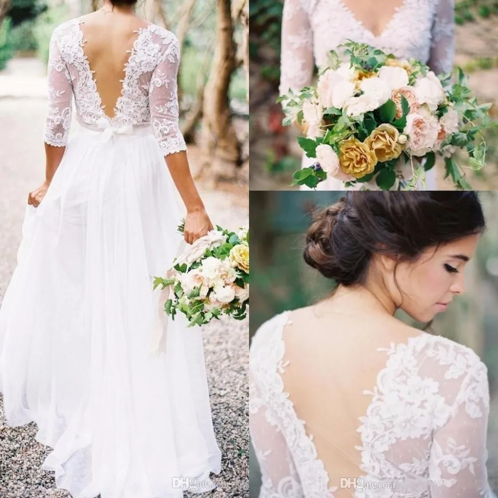 Romantic Bohemian Wedding Dresses Lace Chiffon V neck 3/4 Sleeve Plus ...