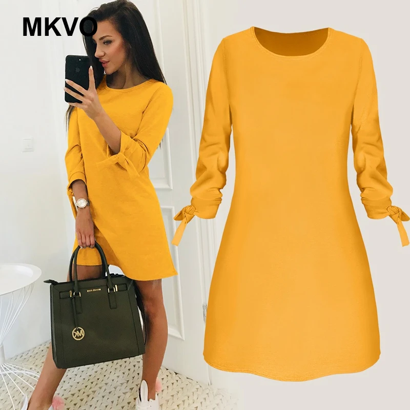 

Summer solid color O-neck yellow office mini dress fashion ladies 3/4 sleeve bow elegant female vestidos plus size dress women