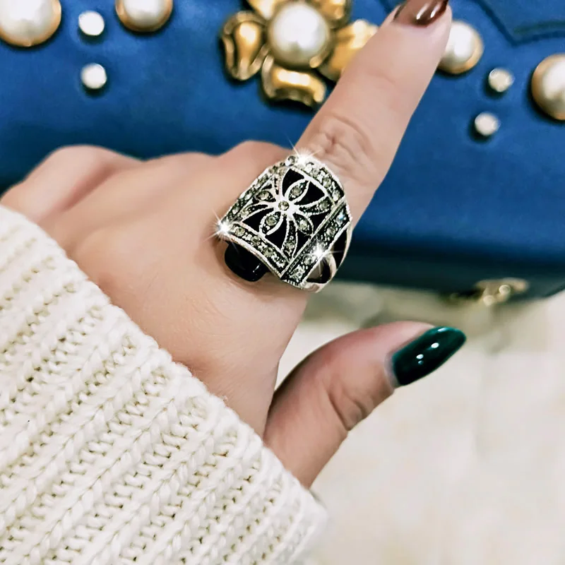 

SINLEERY Retro Punk Antique Silver Color Hollow Square Finger Rings With Black Opal Statement Jewelry For Women Jz157 SSH