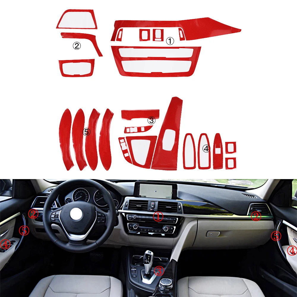 NICECNC Car Interior Decal Trim 5D Red Carbon Fiber Look For BMW 3