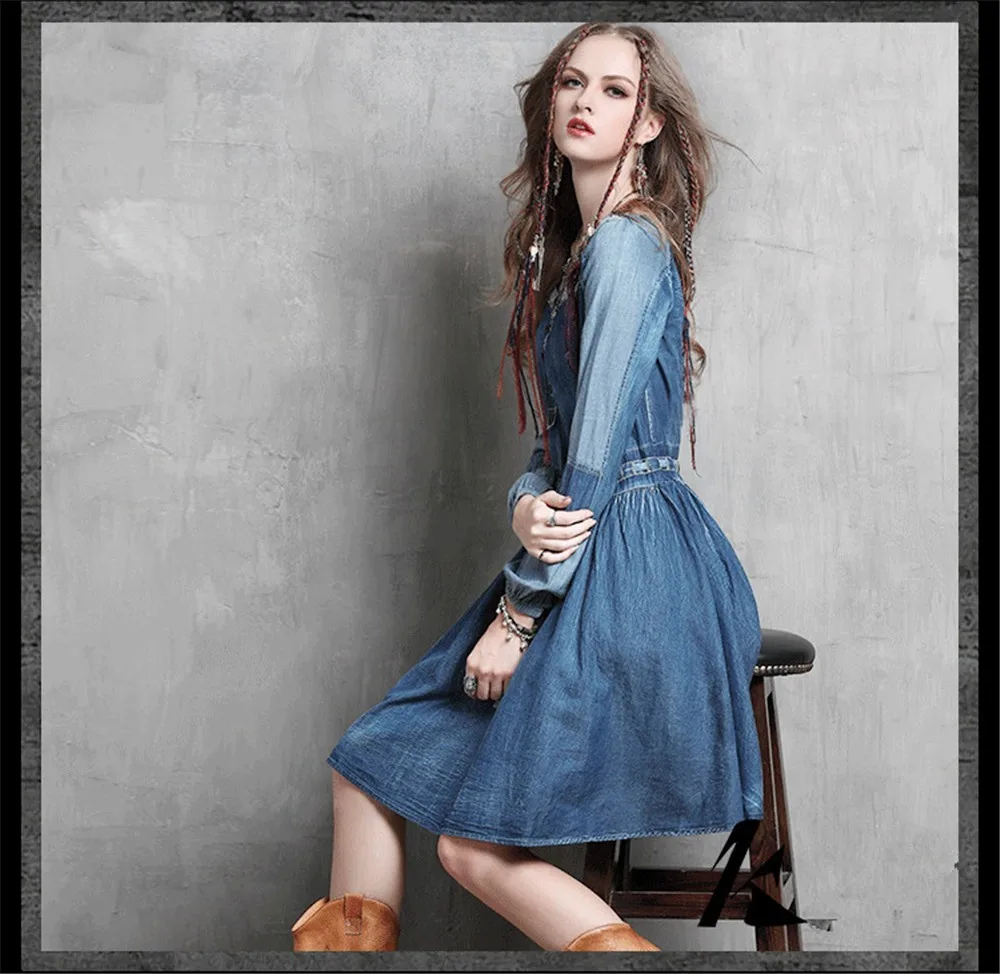 Vintage Cotton Women Dress Women's Cowgirl Embroidery Dress Long Puff Sleeve Dresses Drawstring Waist Cotton Vestidos Femininos (6)