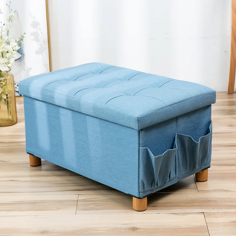 Denim fabric ottoman solid wood four feet storage stool fitting room creative slipper side pocket change shoe bench foldable - Цвет: light blue L