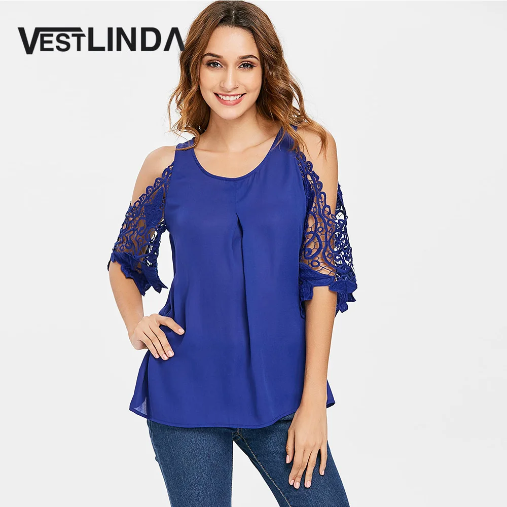 VESTLINDA Lace Panel Cold Shoulder Blouse Summer Tops for Women 2018 ...