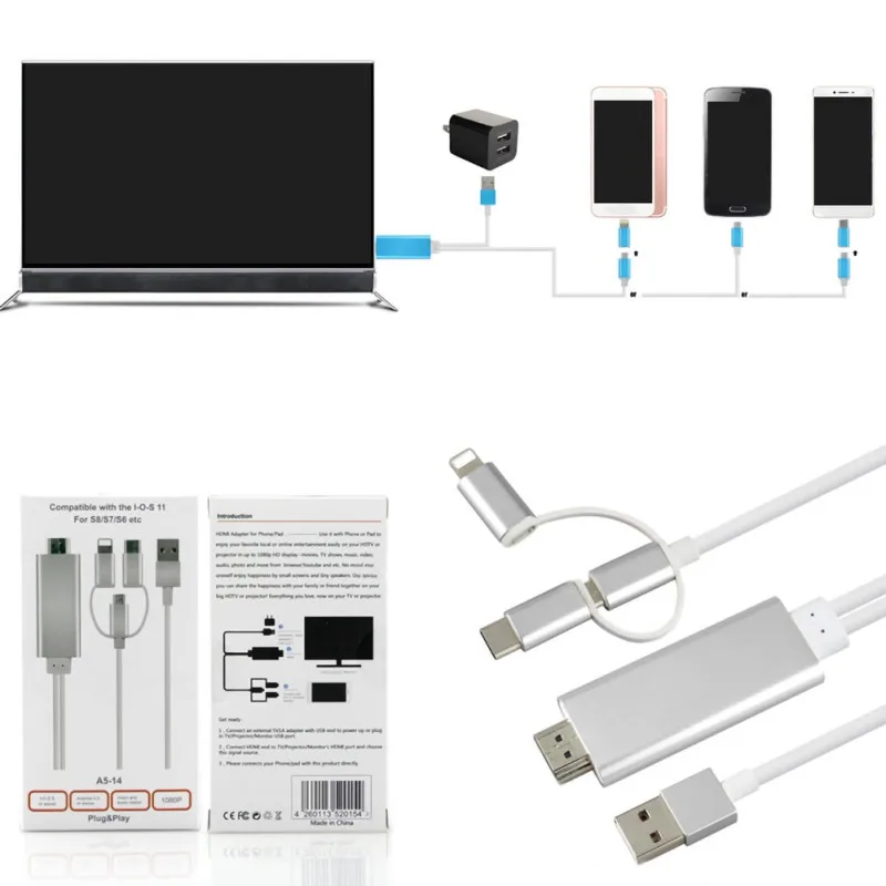 USB to HDMI Mirror Cast Cable with Audio MHL for iPhone iPad Lighting Android Phone to LED TV Micro USB Type C to HDMI