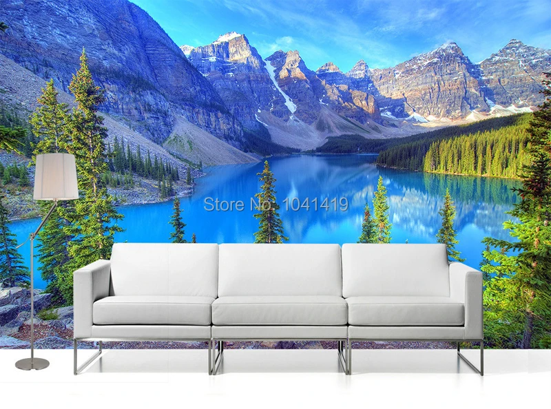 naturais, neve, montanha, floresta, lago, mural de