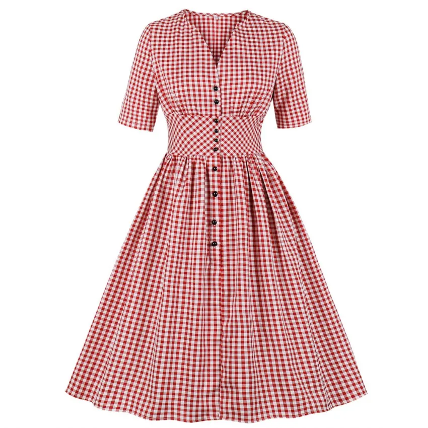 

Women Summer Vintage Dress Plaid Print V-Neck Sleeveless Pin Up Vestidos Button Fly Evening Party Rockabilly Retro Dress