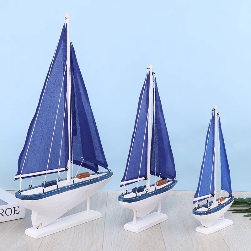 Mediterranean style sailboat model SML size classic blue sailing boat Handmade solid wood to create sailing ornaments