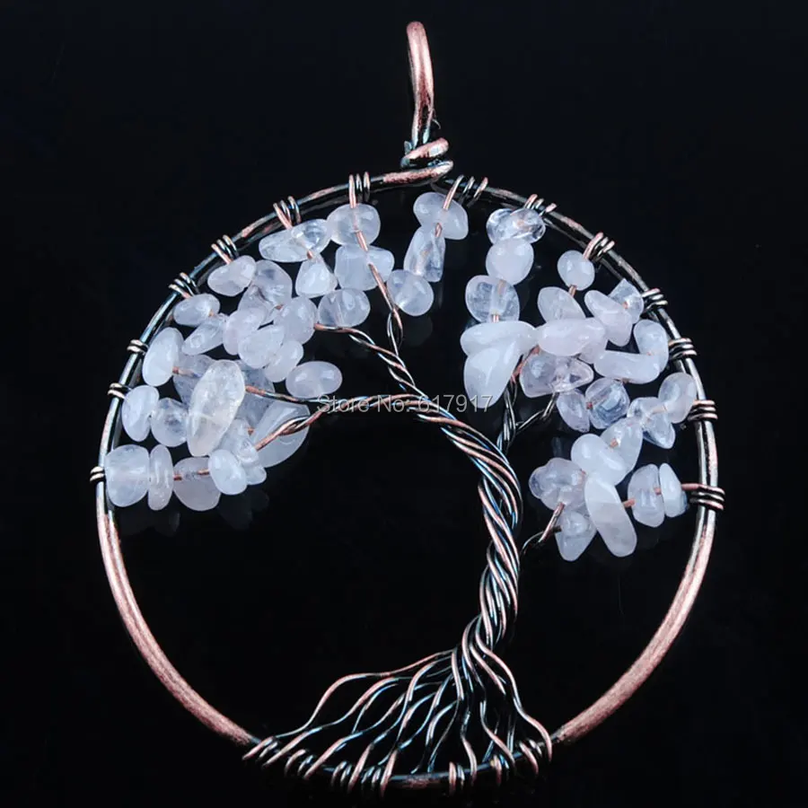 

RONGZUAN Natural Rose Quartzs Gem Stone Beads Round Antique Copper Plated Handmade Free Rope Tree Of Life Pendant 1Pcs TN3291