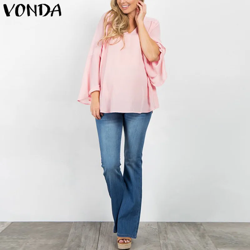 VONDA Maternity Летняя женская шифоновая рубашка для беременных с расклешенными рукавами и v-образным вырезом, Повседневная Свободная блузка для беременных, топы размера плюс