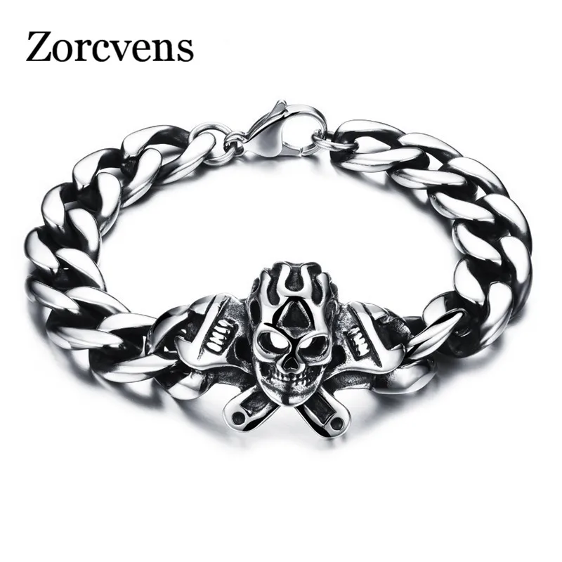 

LETAPI Fashion Jewelry Rock Accessories Men Bangle Delicate Stainless Steel Wrench Skull Punk Vintage Snake Chain Bracelet