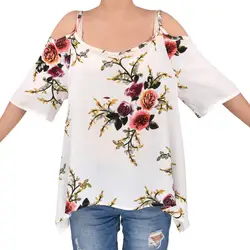 2018 Лето цветочный принт шифоновая блузка с открытыми плечами Спагетти ремень рубашка короткий рукав шифоновые топы плюс размеры Blusas Femininas
