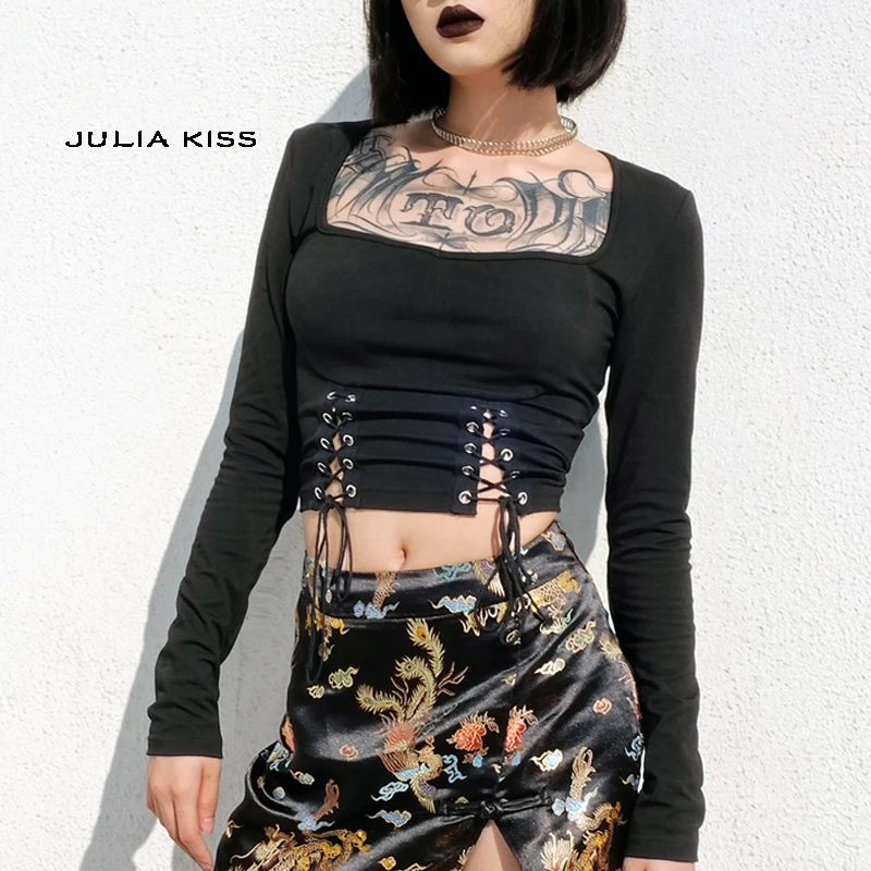 

Women Sexy Lace Up Waist Crop Top Square Collar Tee