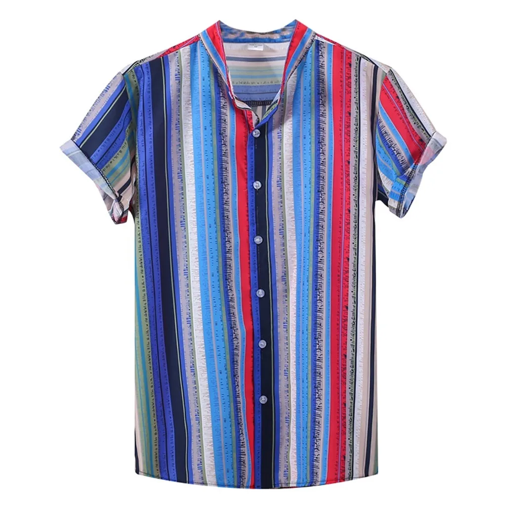 

Shirts Men Ethnic Printed Stand Summer Tops Collar Colorful Stripe Blouse Short Sleeve Loose Men Shirt chemise homme
