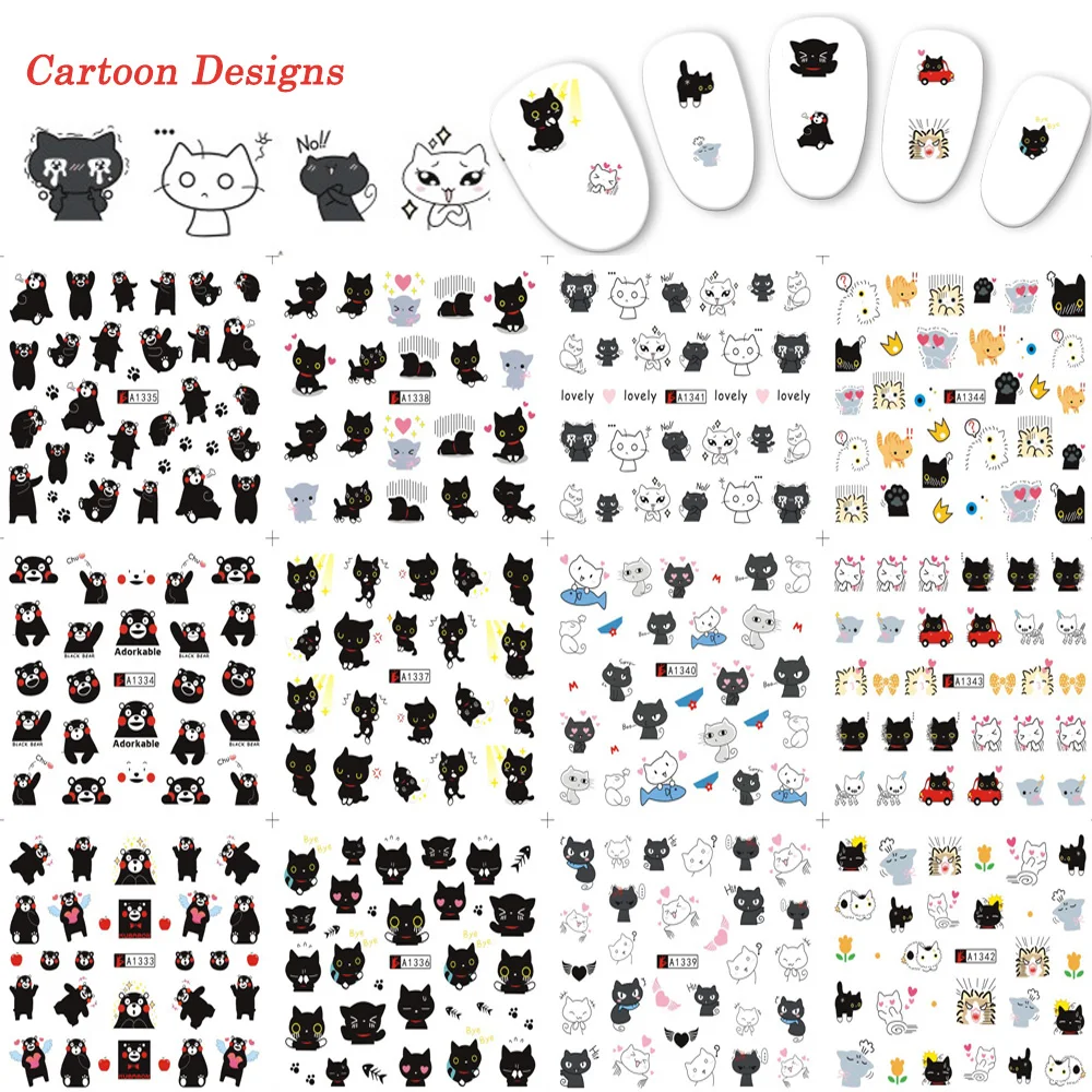12 Disegni Misti Stili Gatto Nero Colori Decorazione di DIY Nails consigli Decal Acqua Nail Sticker Per Arte Del Chiodo di Trasferimento Dell acqua TRA1333