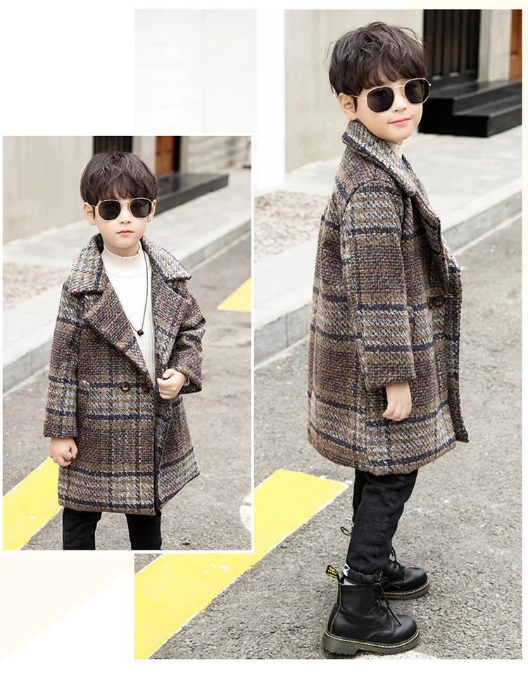Длинное шерстяное пальто для мальчиков зимние пальто теплая клетчатая одежда для детей 12 лет