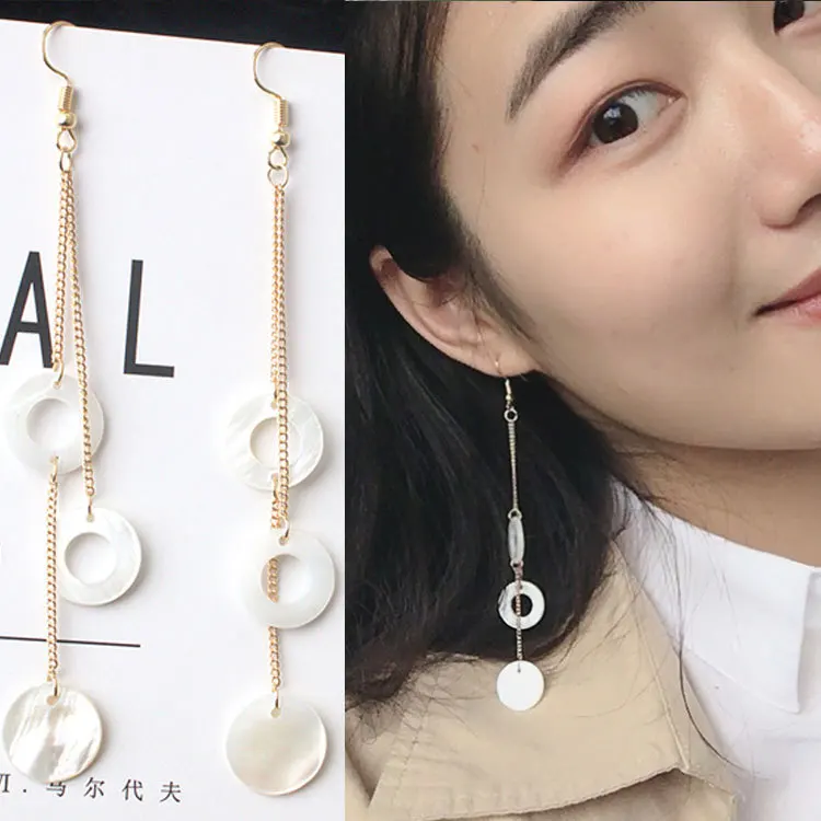 

New Fashion Korean Version Of Exaggerated Earrings Natural Shells Long Earrings Femininity Tassel Round Hollow Earrings Gift