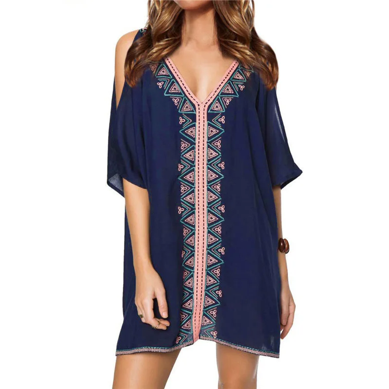 Embroidery Cotton Bathing suit Cover ups Tunics for Beach Robe de Praia
