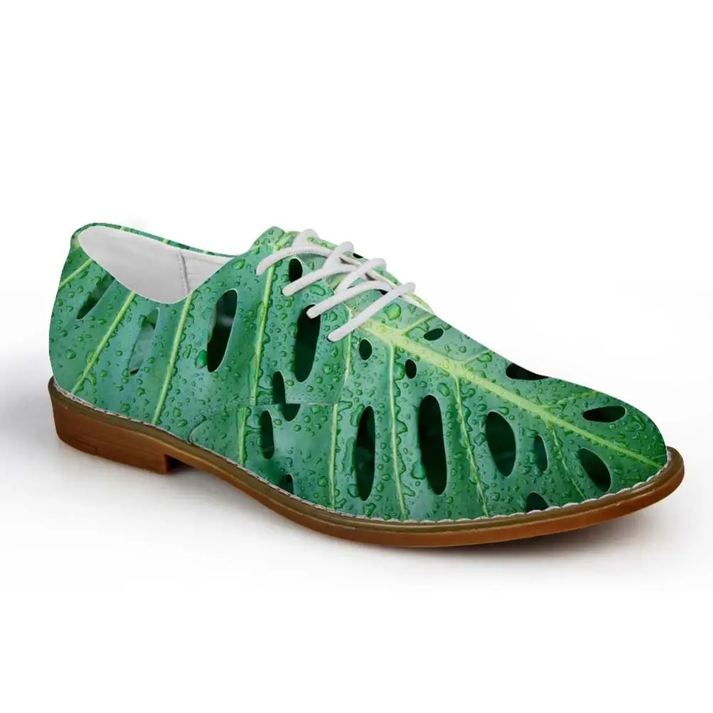 Noisydesigns/Туфли-оксфорды для мальчиков; мужские кожаные туфли в деловом стиле с принтом зеленых листьев; удобные мужские лоферы на плоской подошве со шнуровкой для подростков - Цвет: C0131CE