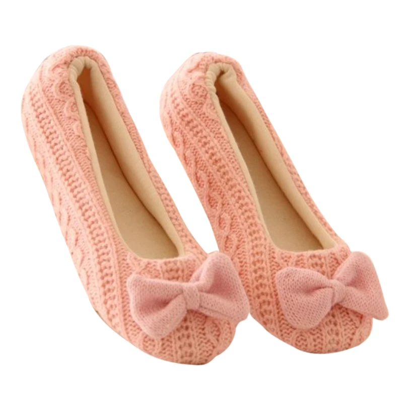

SHUJIN Women Ladies Home Floor Soft Indoor Slippers Warm Winter Outsole Knit Cotton-Padded Bowknot Female Cashmere Yoga Shoes