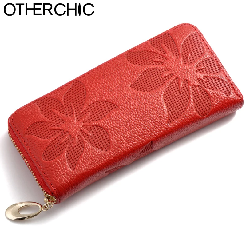 

New European Genuine Leather Floral Women Wallets Red Large Zipper Long Wallet Women Flower Phone Pouch Female Purses 1121