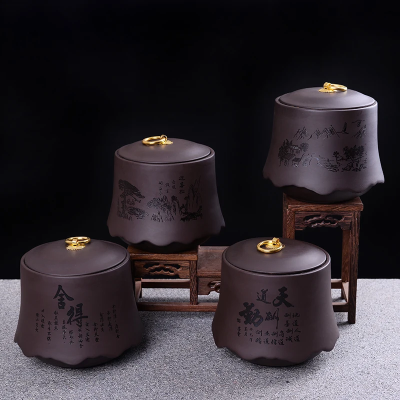Yixing Purple Clay Tea Jar Hand Painted Seal Tea Storage Caddy Canister