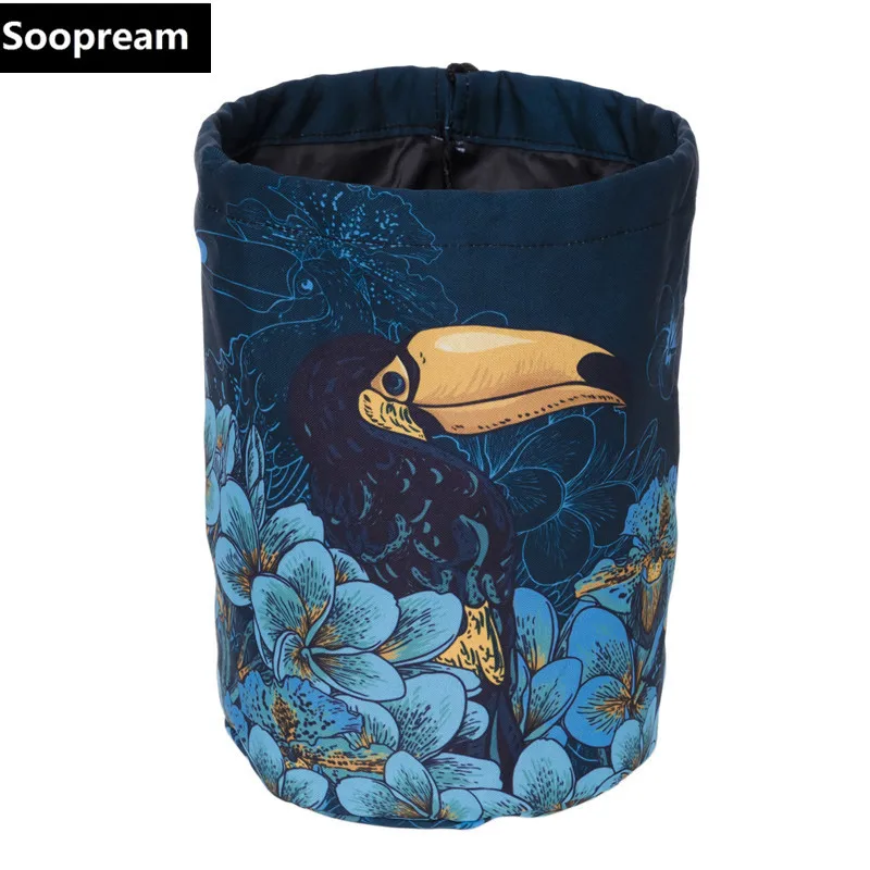 

tucan and flowers blue Barrel Cosmetic Bag Nylon huge Capacity Drawstring Elegant Drum Wash Bag Makeup Organizer Storage faceBag