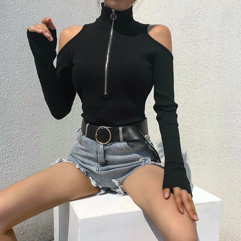 lace bodysuit JIEZuoFang Simenual Turtleneck zipper bodysuits with open soulders 2019 long sleeve fashion sexy bandage black jumpsuit Sweater mesh bodysuit