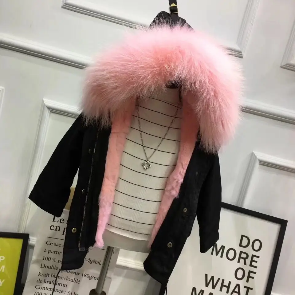 Army Green Coat Fur Jacket Girls Winter Clothes Rabbit Fur Kids Parkas Real Raccoon Fur Hooded Children Jacket For Girls TZ90 - Цвет: black pink