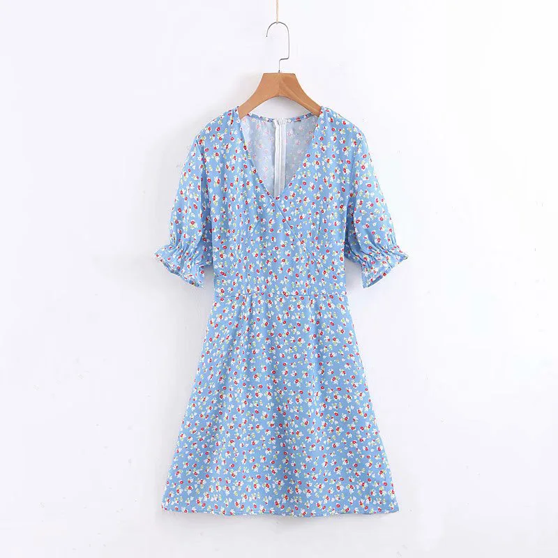 

2019 new women sweet v neck lantern sleeve floral print dresse elegant women back zipper streetwear chic femme vestidos