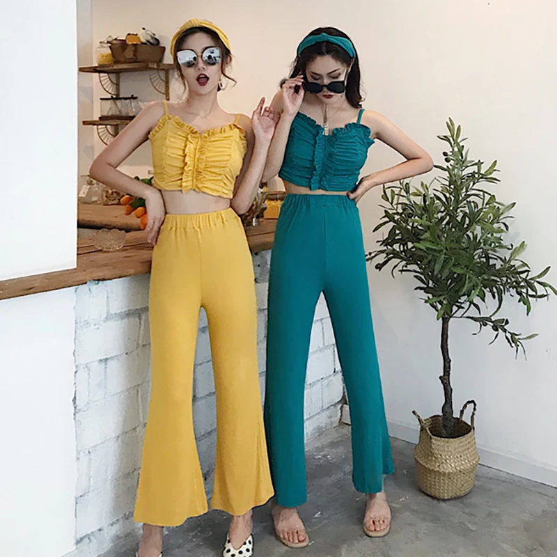 

Summer Clothes for Women Two Piece Outfits Matching Sets Top and Pants Club Outfits Yellow Sling Tube Top + Flare Trousers