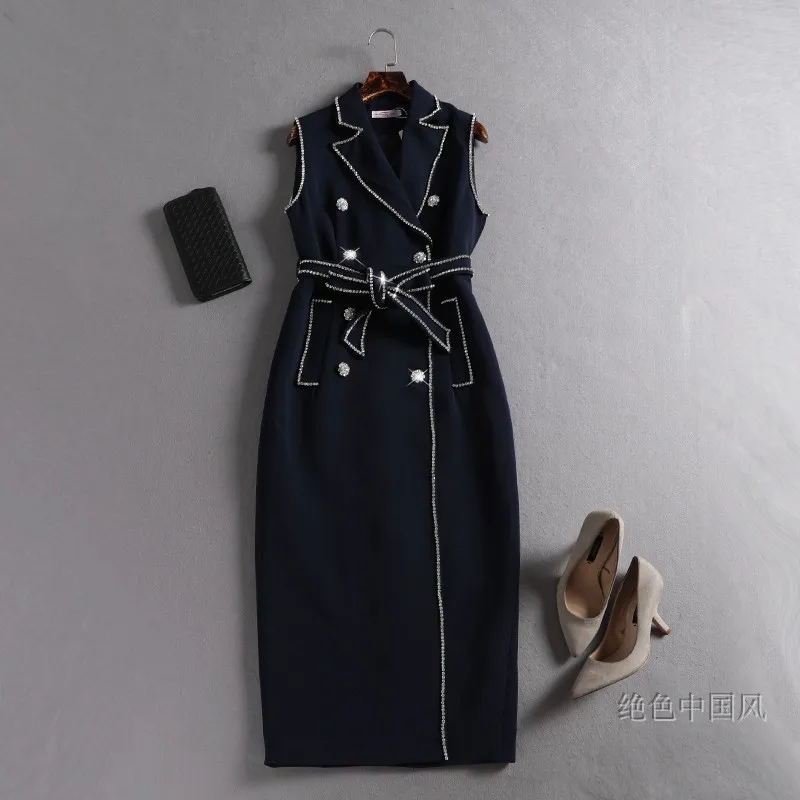 

DEAT 2019 new turn-down collar sleevless double breasted high waist belts pockets long vest dresses female OL WG72417L