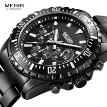 Мужские деловые кварцевые часы MEGIR из нержавеющей стали, аналоговые наручные часы с хронографом и 24 часами, светящиеся мужские часы 2064G-BK-1