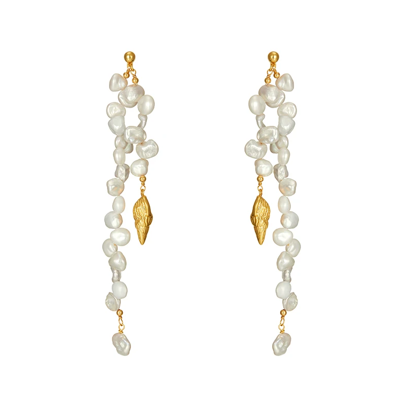 

Holiday wind Baroque freshwater pearl golden conch face small long earrings