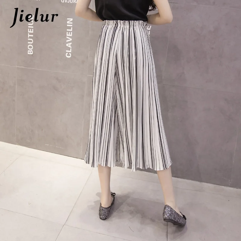 Jielur Fashion Beach Stripe Pleated Chiffon Pants Summer Chic S-XL Ankle-Length Wide Leg Pants Women Loose Lady Pantalon Femme Pants