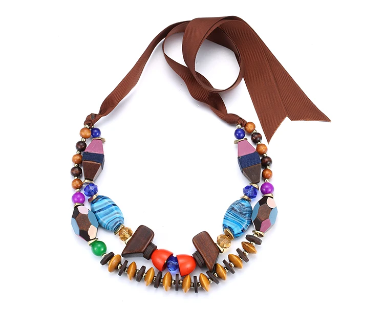 Colorful bead necklace multilayer rope necklaces for women wooden beaded resin adjustable handmade choker necklace eManco