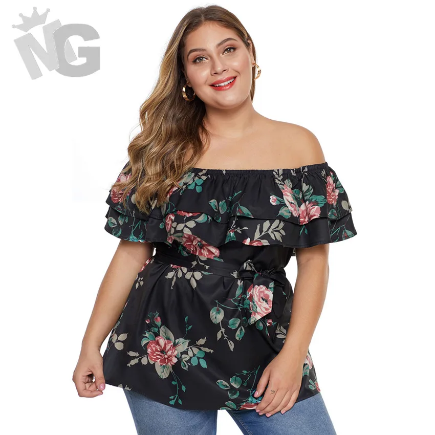 

Women T Shirt Ladies 2019 Sexy Off Shoulder Ruffles Flounce Bandage Tie Knot Floral Printed T-Shirt Casual Summer Female Tee Top