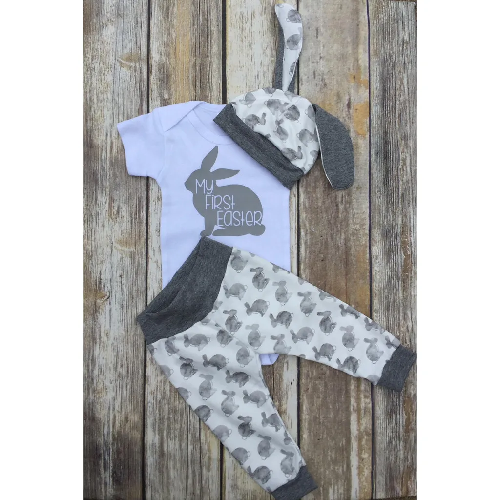 Для новорожденных мальчиков и девочек, с рисунком, первый Пасхальный 3D наряды кролика, комбинезон, шляпа, штаны, комплект детской одежды roupa infantil, детская одежда