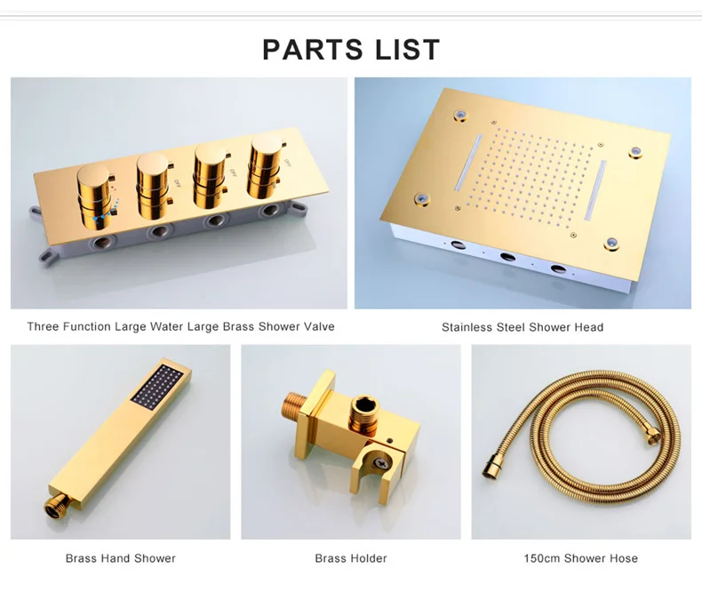 HPB настенный светодиодный 3 функции дождевой Водопад Душ наборы смесителей с горячей и холодной смесительный клапан золотой цвет 008G-50X36PG-K