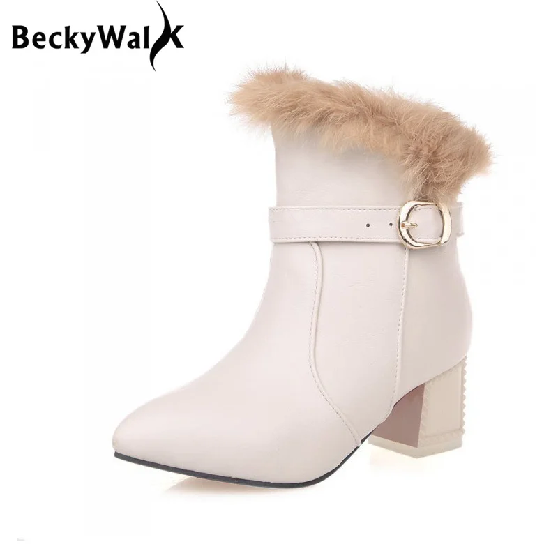 

Medium Heels PU Leather Women Boots Winter Plus Size EU34-43 Fashion Rabbit Fur Pointed Toe Ankle Boots Black Red White WSH984