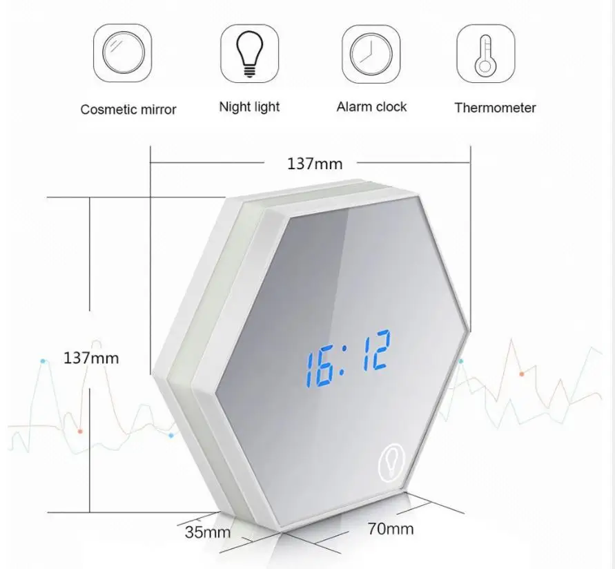 Электронный многофункциональный светодиодный ночной Светильник настенные часы зеркало цифровой Дисплей Будильник Повтор термометр косметическое зеркало