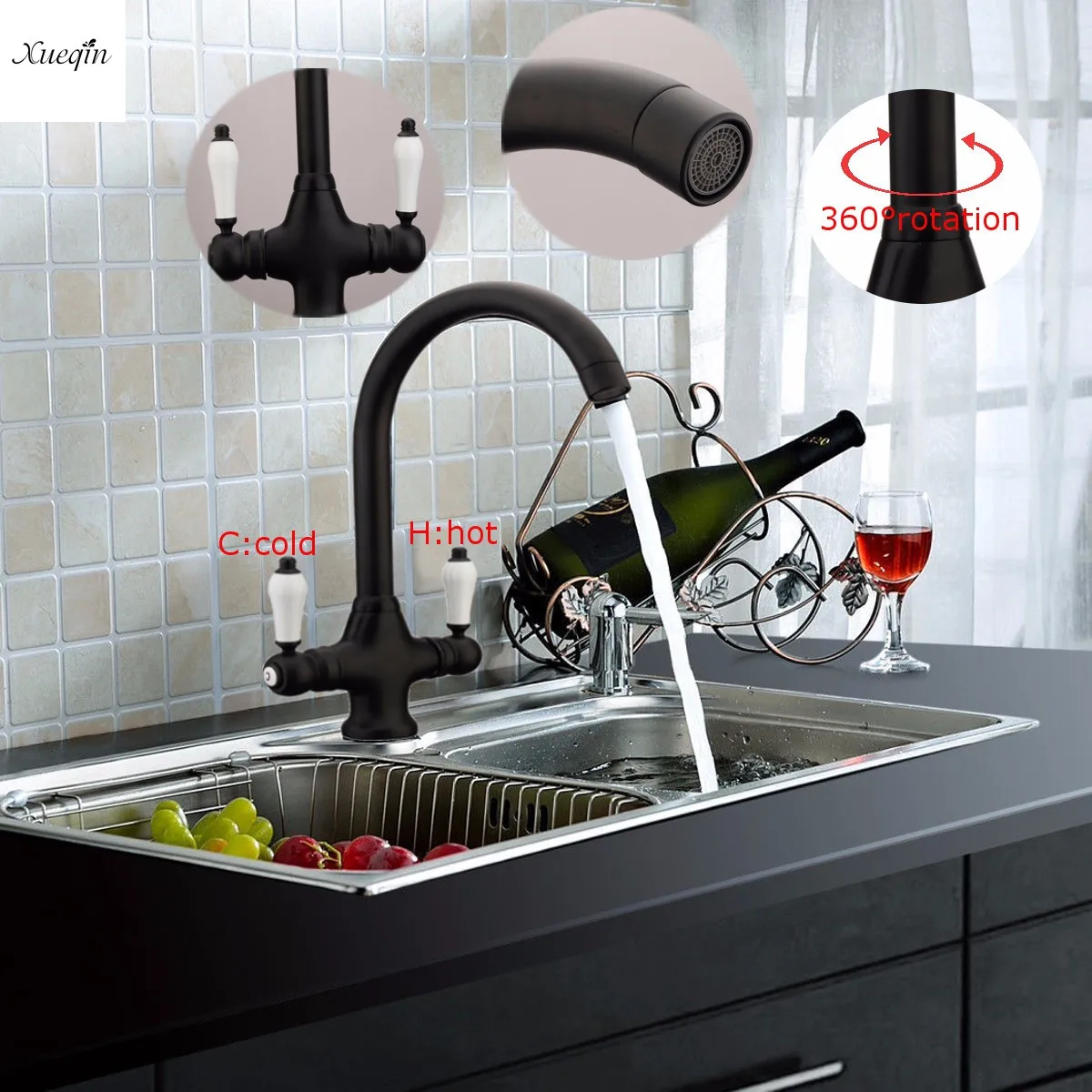 

Vintage Black Painting 360Rotatian Spout Dual Handle Sink Kitchen Faucet Mixer Tap Cold and Hot Water Purification Tap Torneira