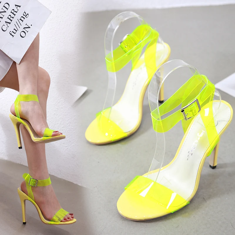 

Liren 2019 Summer Fashion Candy Colors Casual Sexy Party Lady Sandals Transparent PVC Buckle High Heels Pointed Open Toe Sandals