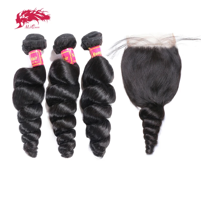 

Ali Queen Hair Products 3Pcs Brazilian Loose Wave Human Hair Bundles With Swiss Lace Closure With Baby Hair Free Part Remy Hair