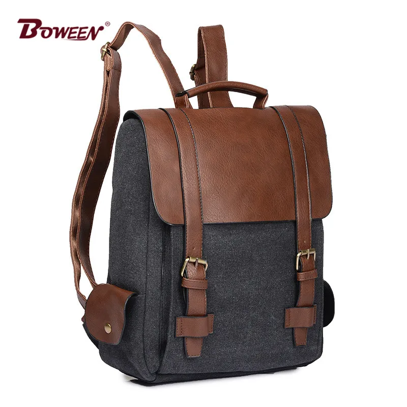

Vintage canvas and pu backpack men women school bags for girl boy solid Patchwork back pack male Casual bagpack Mochila