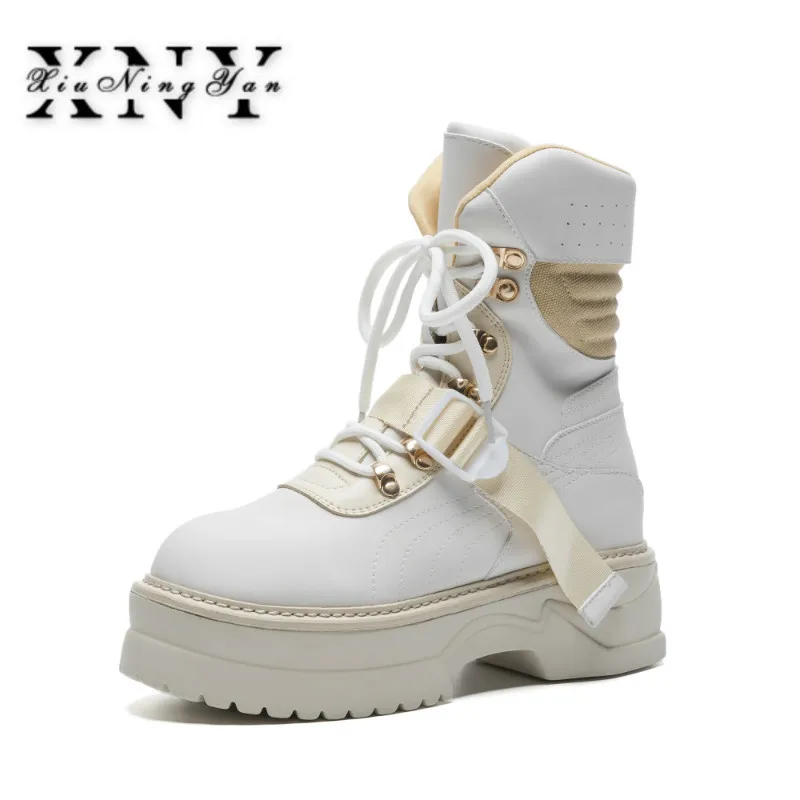 

XIUNINGYAN Fashion Flat Shoes Woman High Heel Platform Genuine Leather Boots Lace up Cow Muscle Shoes Martin Boots Girls 35-42