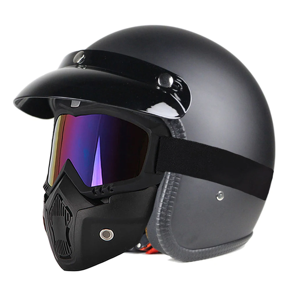 Мотоциклетный шлем 3/4 с открытым лицом шлем кожаный в сборе козырек мото Ретро винтажный Чоппер Краш Hemelt Кафе Racer Мото шлем - Цвет: Matte Black-Mask
