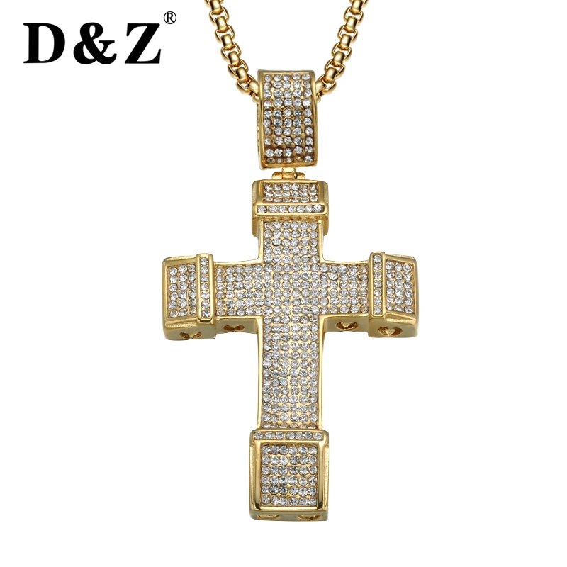 

D&Z Gold Color Iced Out Micro Pave Rhinestone Bling Cross Pendant Necklaces Stainless Steel Crucifix Necklace for Men Jewelry