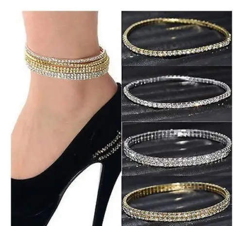 Модные браслеты для женские ножные браслеты 2-ряд Сексуальная и блестящие стразы растягиваемый браслет на ногу свадебные ботильоны цепи Прямая