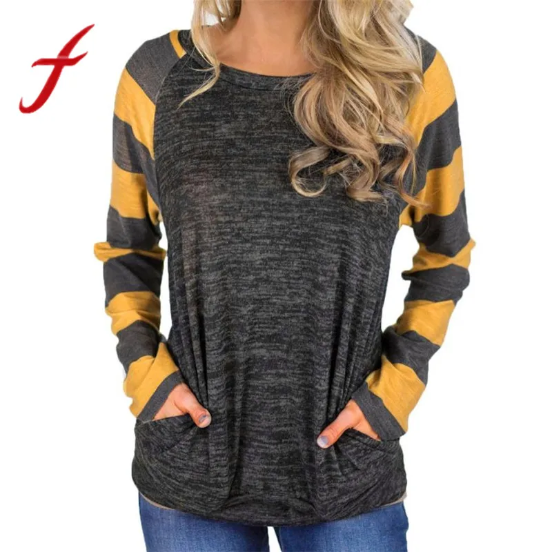 

Women T Shirt Ladies Casual Long Sleeve O Neck Patchwork Tshirt Stripe Sleeve Pocket Loose Tee Shirt Tshirts camiseta mujer 2019